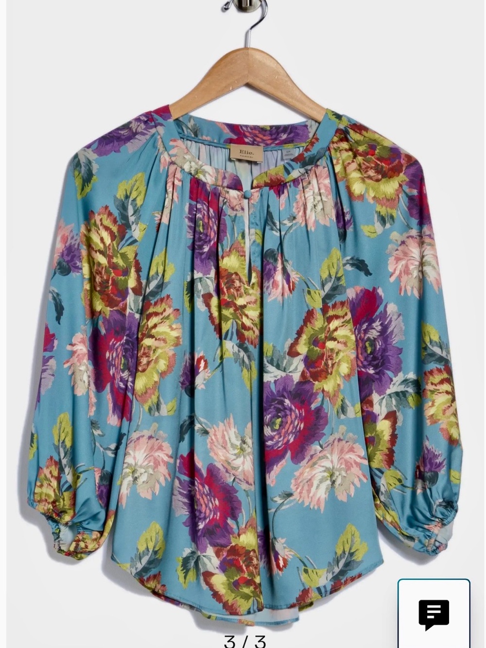 Elie Tahari Blue Floral V-Neck Peasant Balloon Sleeve Top